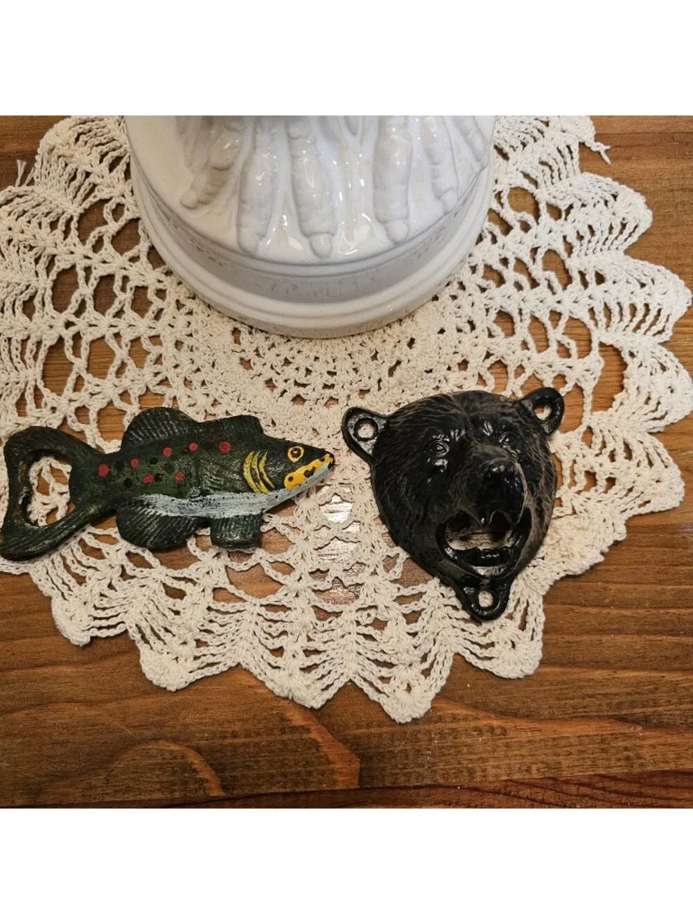 Vintage 5in Cast Iron “Painted Trout” and 3.5 IN Black Bear Bottle Opener